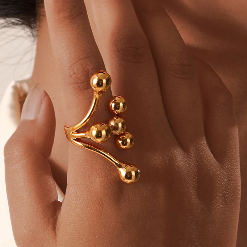 

Luxury Stainless Steel Multilayer Ball Beads Wide Rings For Women Gold Color Vintage Hollow Rings Trendy Aesthetic Jewelry Gifts