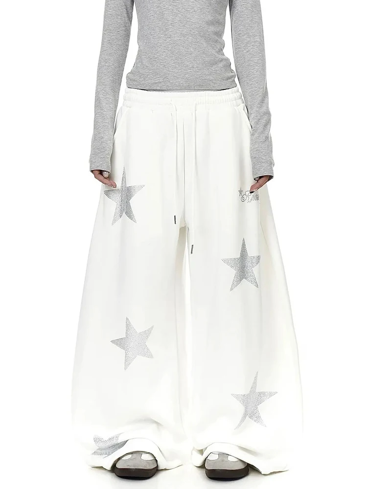 Stars Diamond Wide Leg Pants Women Streetwear Retro Hip Hop Loose Trousers Fall New American Casual Harajuku Lace Up Dance Pant