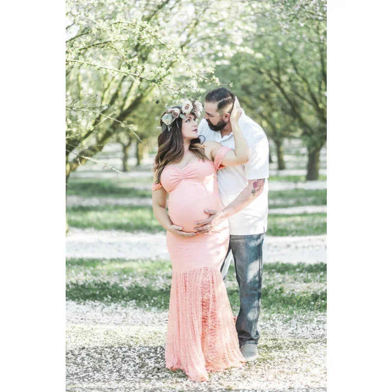 Vestido de encaje de una pieza con cuello, ropa de maternidad elegante y ajustada, accesorios de fotografía para embarazadas, novedad de verano