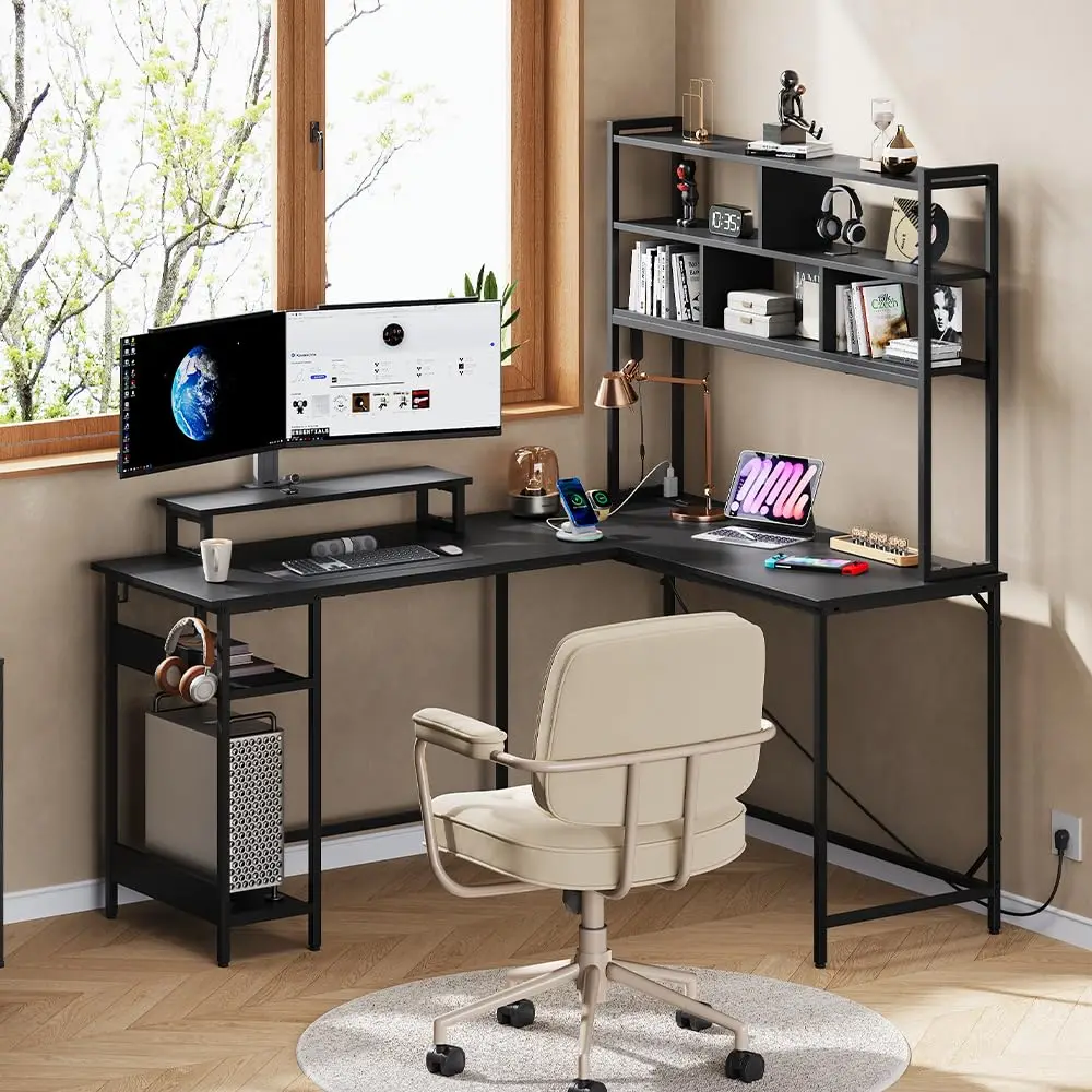 L Shaped Gaming Desk with Hutch, Reversible Computer Desk with LED Light, 3-Tier Shelves, 2 AC+2 USB Outlet and Monitor Stand, C - view 2