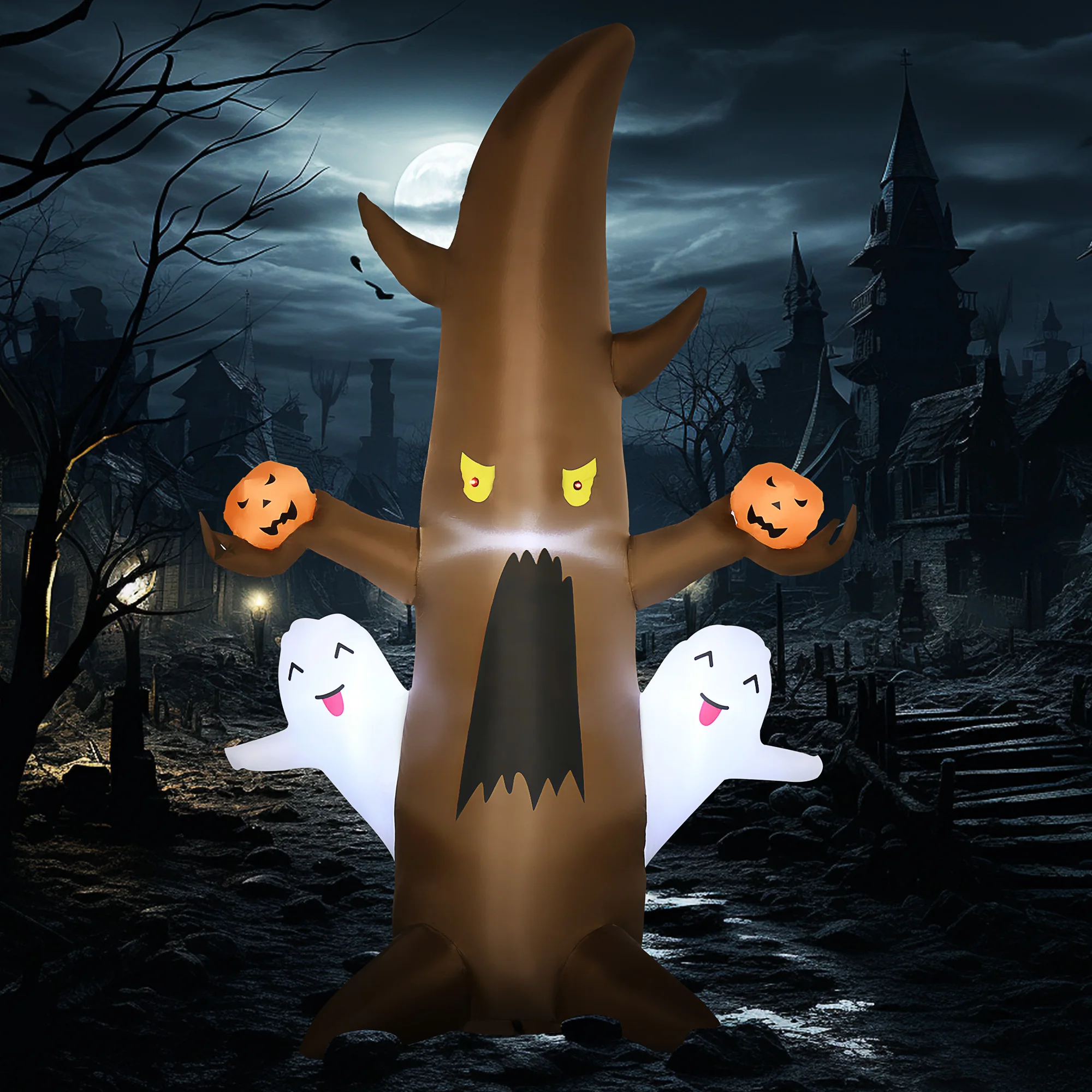 5-Foot Inflatable Halloween Ghost Tree with Smiling Ghosts and Ferocious Pumpkins, Suitable for Lawn Decoration