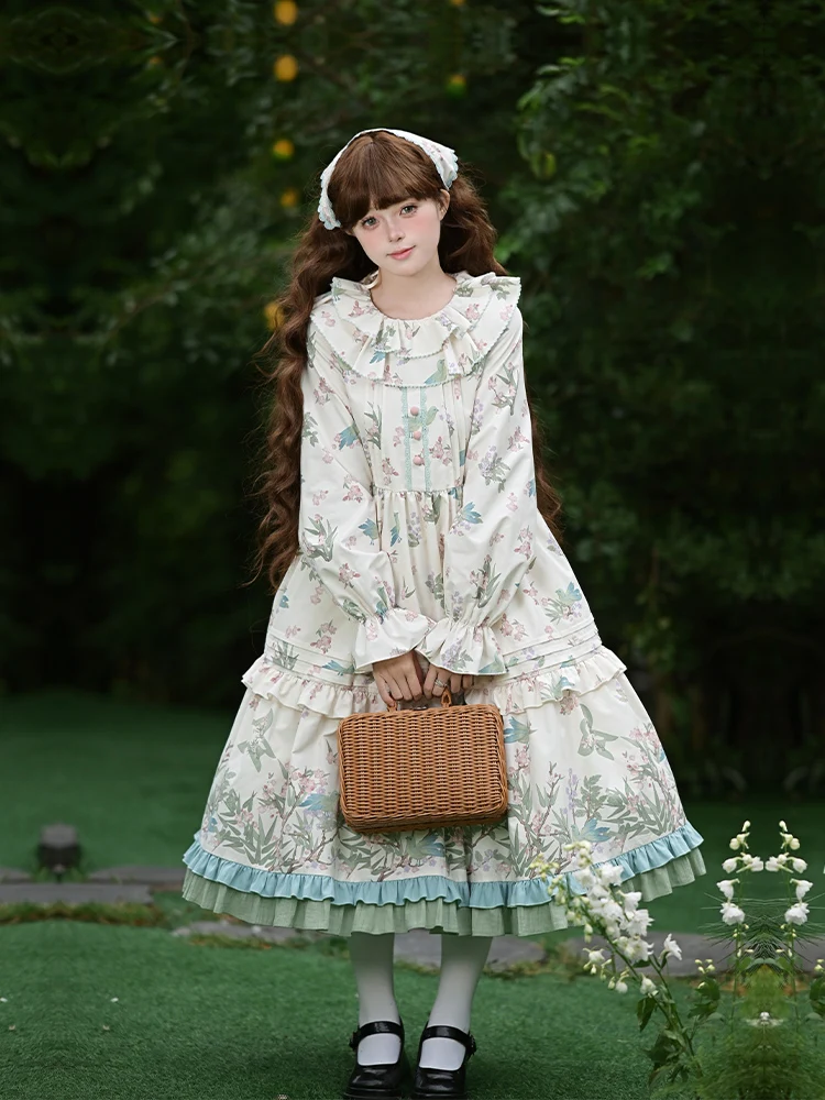 التصميم الأصلي الأزهار والطيور مقبض نمط تنورة تنحنح تحديد المواقع طباعة طويلة الأكمام OP والخصر بلا أكمام فستان JSK الخريف