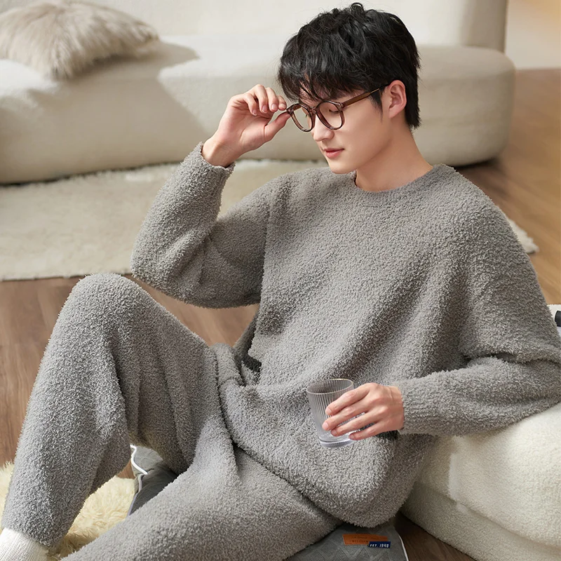 Men's Pajamas Warm Coral Velvet Autumn Winter Male Pyjama Homme Pijamas Sleepwear Long-Sleeve Thick Flannel Lounge Sleep Set 3XL