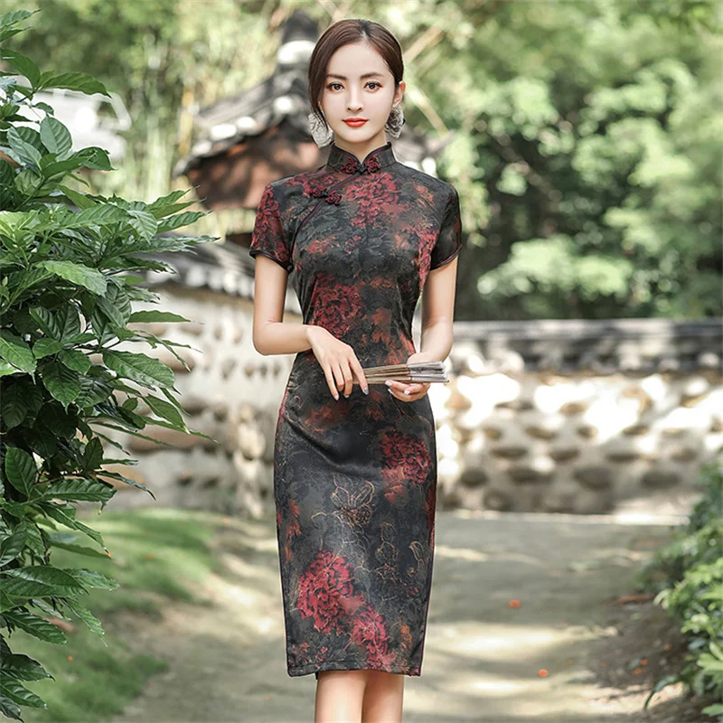 

Elegant Print Female Qipao Traditional Classic Chinese Dress Asian Clothing Sexy Slim Short Cheongsam Mandarin Collar Vestidos