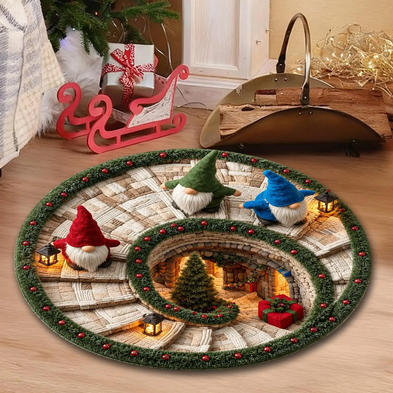 Christmas Area Rug 23.6Inch Round Optical Illusion Gnome Decoration Non Slip Door Mat Carpet for Living Room Bedroom Entrance