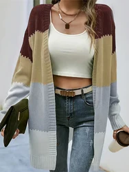 Plus Size 2024 New Women's Colour Block Sweater Cardigan Warm Acrylic Loose Casual Sweater Optimal for Winter