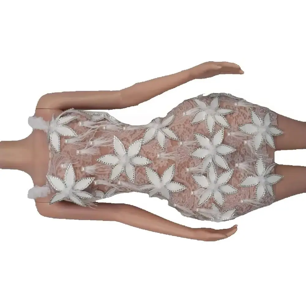 

Sexy Stage Straps See Through Mesh Slip Short Dress Flowers Details Sleeveless Backless Mini Bodycon Cocktail Party Club Wear