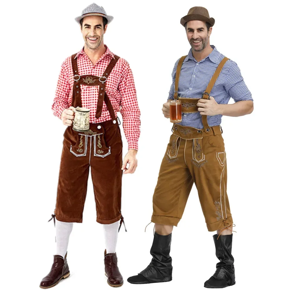 Men's Oktoberfest Carnival Costumes Beer Lederhosen Bavarian German Adult Party Cosplay Overall Shirt Outfit Hat