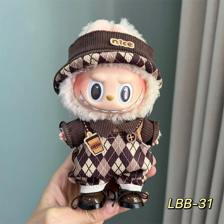 For 17cm Labubu Doll clothes 14Style Overalls Mini Plush Doll Clothes Outfit Accessories Idol Hat T-shirt Pants Clothing Gift