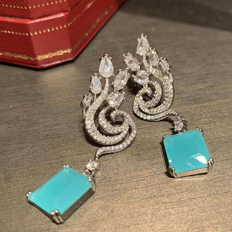 Peacock Flower Super Sparkling S925 Silver Needle Elegant and Sweet Leaf Frosted Sea Blue Square Earrings