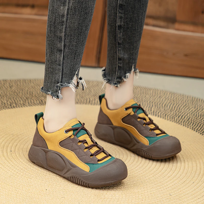 Women Sneakers Retro 2024 Spring New Fashion Color-Blocked Women Sneakers Large Size Genuine Leather Women Vulcanized Shoes