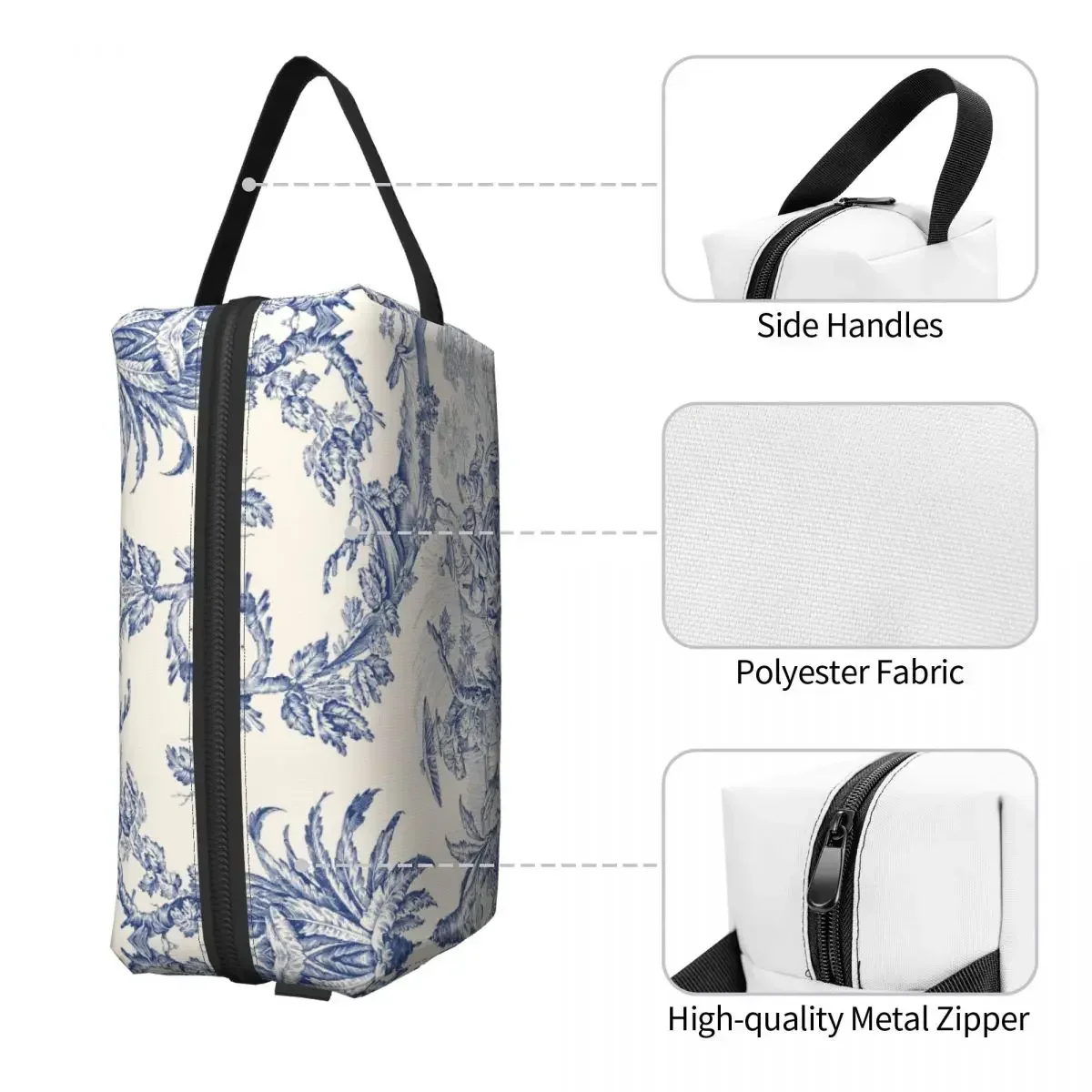 Classic French Toile De Jouy Navy Blue Motif Pattern Toiletry Bag Kawaii Cosmetic Makeup Organizer Beauty Travel Storage Bag
