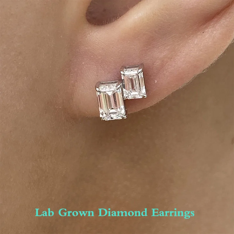 Platinum 950 Emerald Cut Diamond Earrings 1.6Ctw Lab Grown Diamonds DEF VS-VVS CVD HPHT Diamond Studs Luxury Fine Jewelry