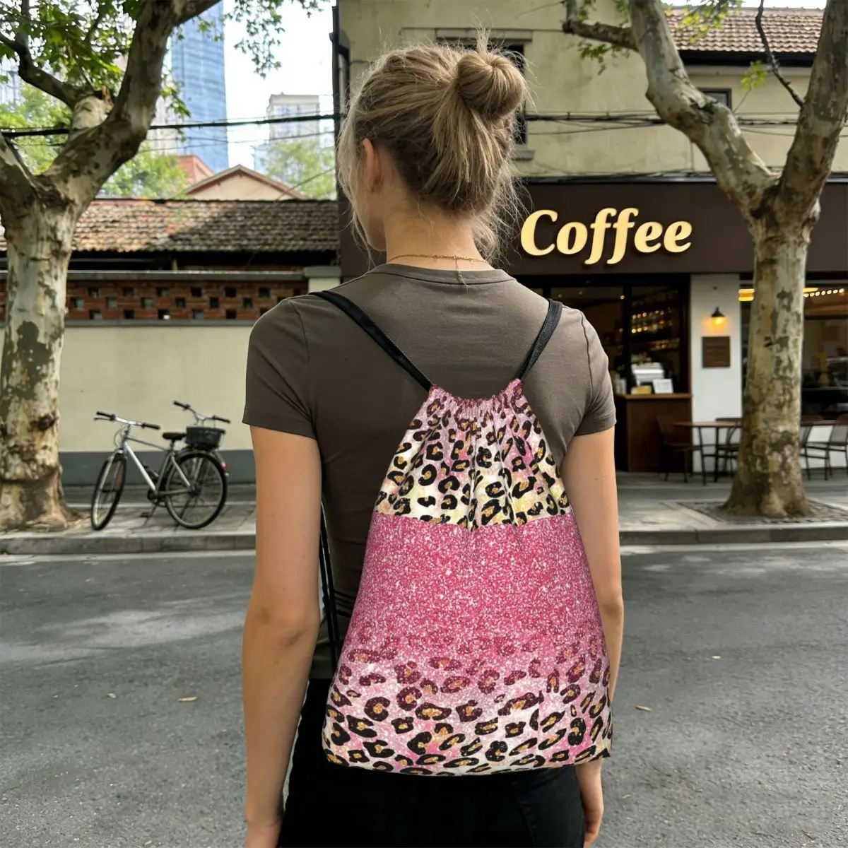 Bubble Gum Pink Faux Glitter Leopard Animal Print Backpacks Fashion Drawstring Bundle Pocket Sports Bag Book Bags