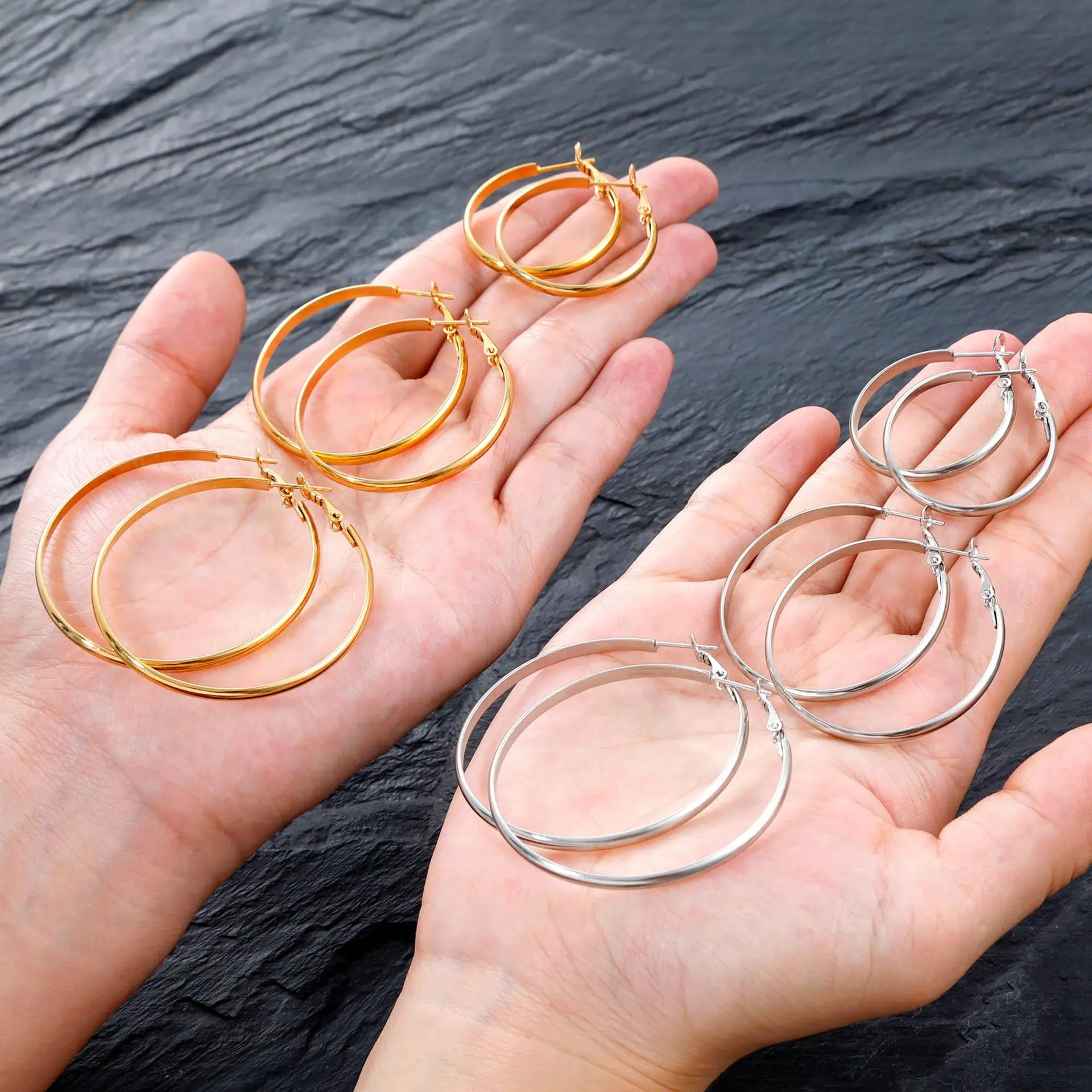 Stainless Steel Flat Wire Plain Loop Earrings Shrimp Clasp Elegant And High-end Thick Hoop Earrings