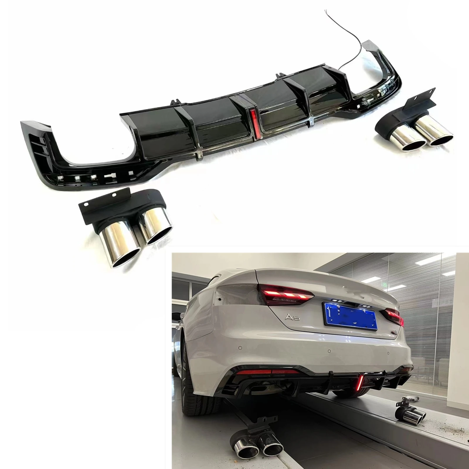 Car Rear Bumper Diffuser Lip W/ Light + Muffler Tip Exhaust Pipe Quad Out For Audi A5 S Line Facelift S5 2021-2023