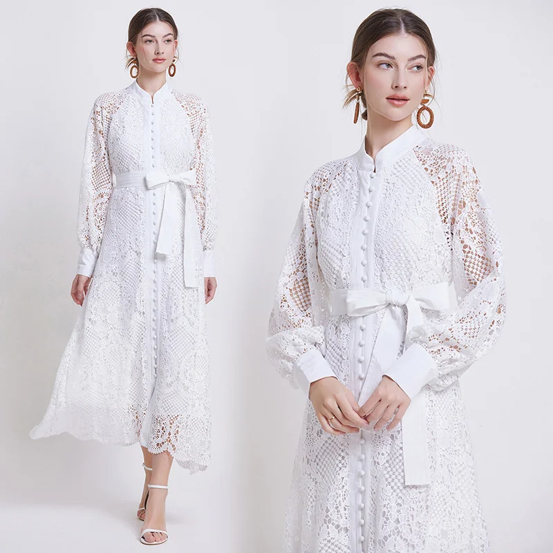 

White Soluble Lace Dress High Quality Single Button Wave Edge Belted Waist Long Gown for Elegant Women f080