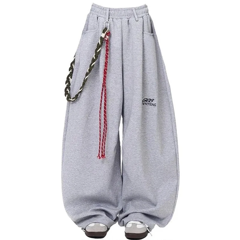 

Women Y2K Grey Street Wide Leg Pants Loose Casual Waist Rope Charm Trousers Jazz Hiphop Lazy High Waisted Sweatpants