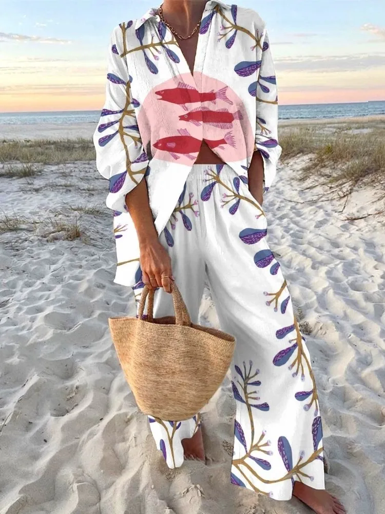 

Lady Print Holiday 2 Pieces Set For Woman Casual Long Sleeve Turn-down Collar Shirt+Wide Leg Pants Sets Outfits Womens Clothing