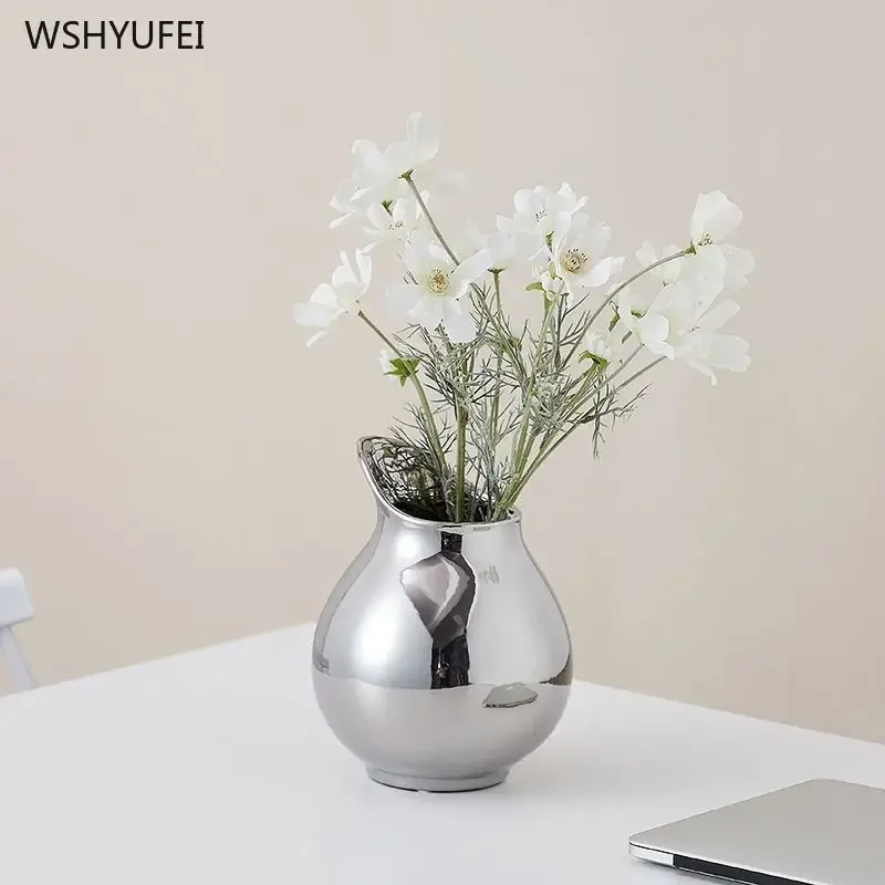 

1PCS silver ceramic pot shaped floral ware with a high-end feel living room decoration model room niche ornaments ceramic vase