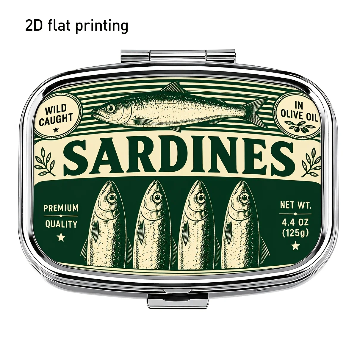 Green Sardines Print Metal Pill Box Portable Medicine Case Travel 2 Compartment Organizer Pocket Tablet Vitamin Storage Box