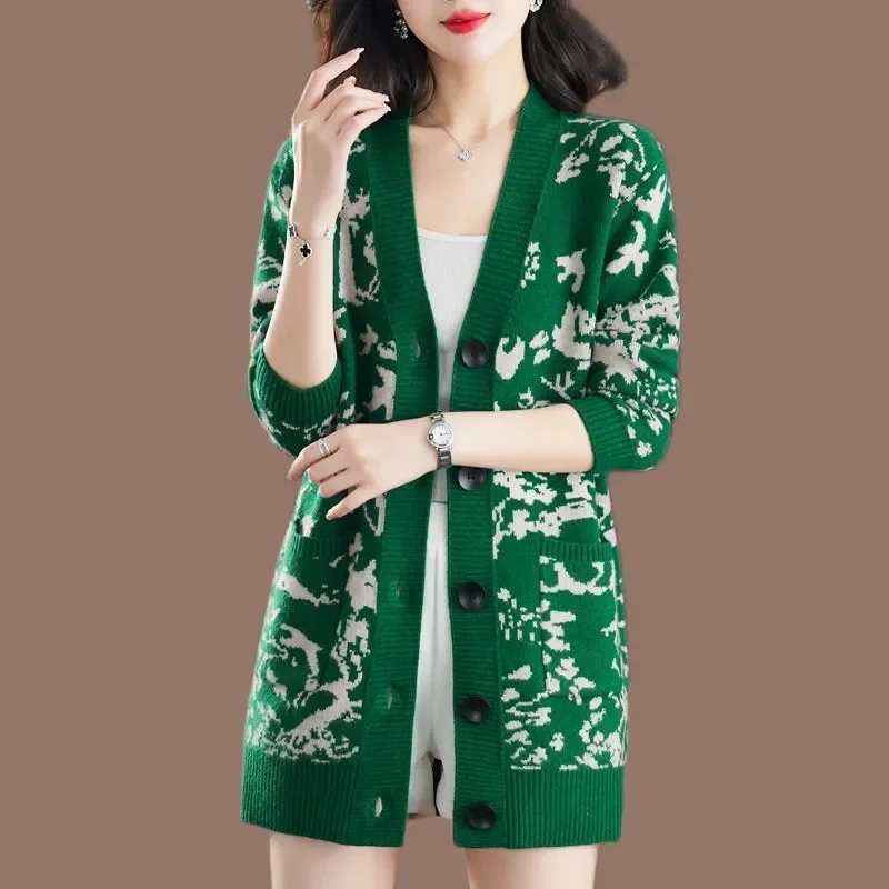 2026 Women's Cardigan Sweater Long Sleeve Loose Casual All-Match Long Knitted Cashmere Sweater Female Tops MT25