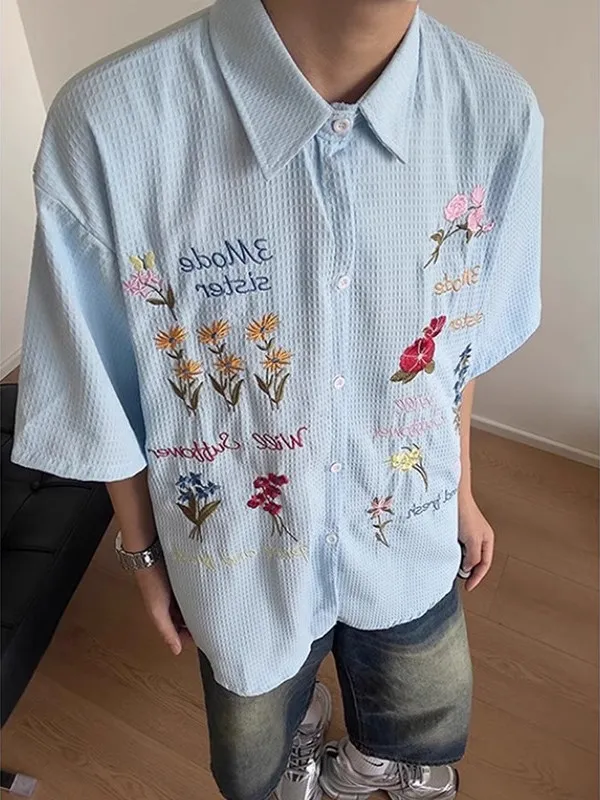 

Американская свободная рубашка с цветочной вышивкой, мужская, в стиле кэжуал, брендовая, для пар, летняя одежда