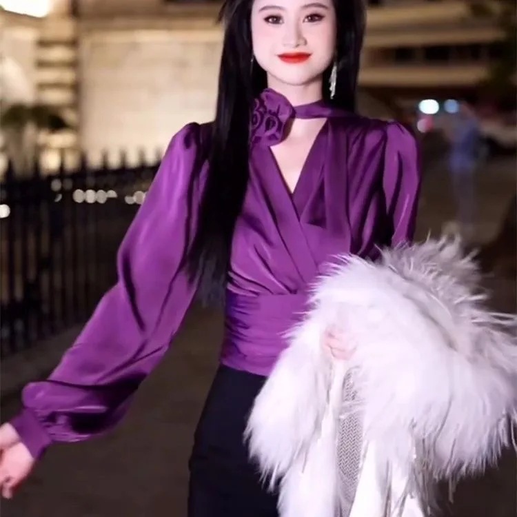 

Ele Women's irt Spring 2026 Commute Sle Slim Fit Long Sve V-Ne Pure Color Floral ort Top High Quali