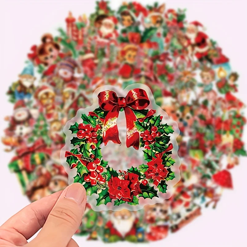 빈티지 크리스마스 스티커 - 고품질, 재사용 가능, 잔여물 없음 |   투명 배경, 빨간색 및 녹색 휴일 디자인 미술 용품