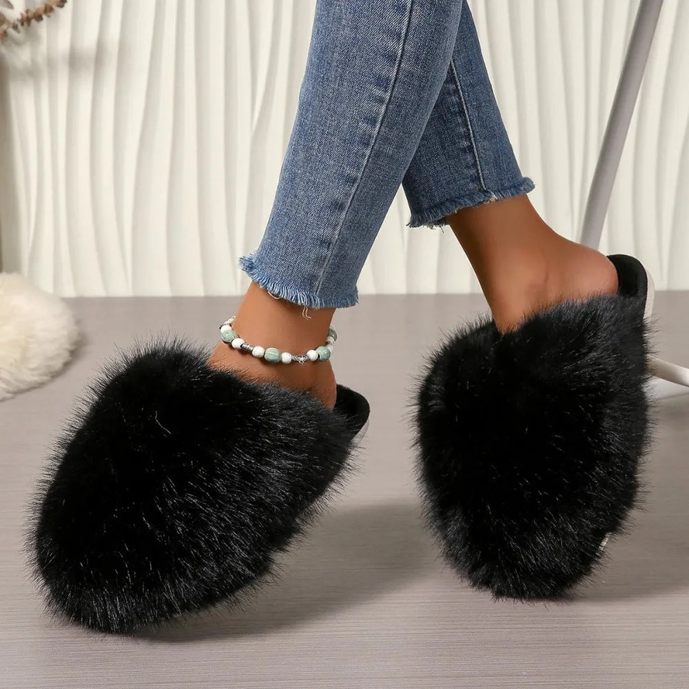 Winterfellige Damen-Hausschuhe, bequeme Flip-Flops, flache Pantoffeln, Indoor-Schlafzimmer-Plüschschuhe für Damen – Detail 13