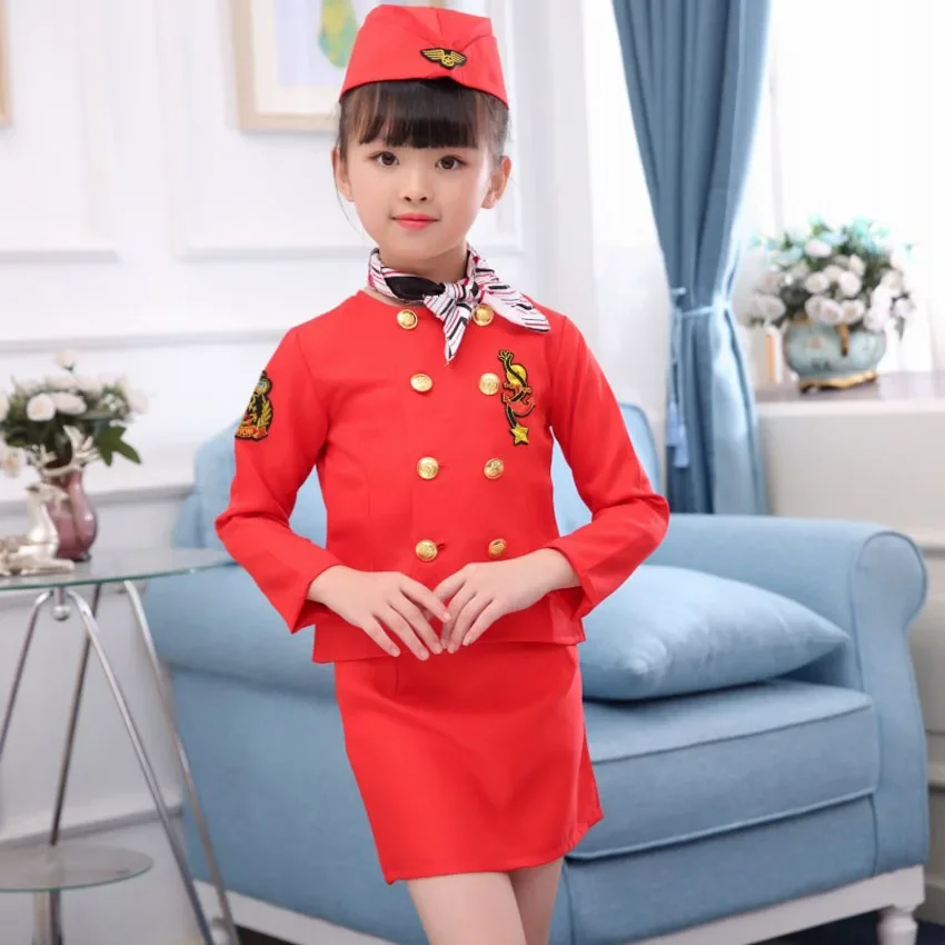 Disfraces de Cosplay de piloto de Halloween para niños, regalo de cumpleaños para niñas, vestido elegante de Asistente de vuelo, uniforme de actuación militar