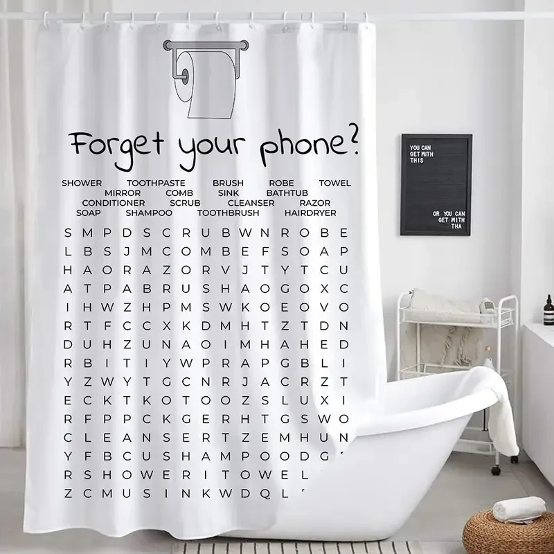 Funny Bathroom Word Search Shower Curtain,Forget Your Phone on Retro Wooden Plank for Country Rustic Waterproof Bathroom Curtain