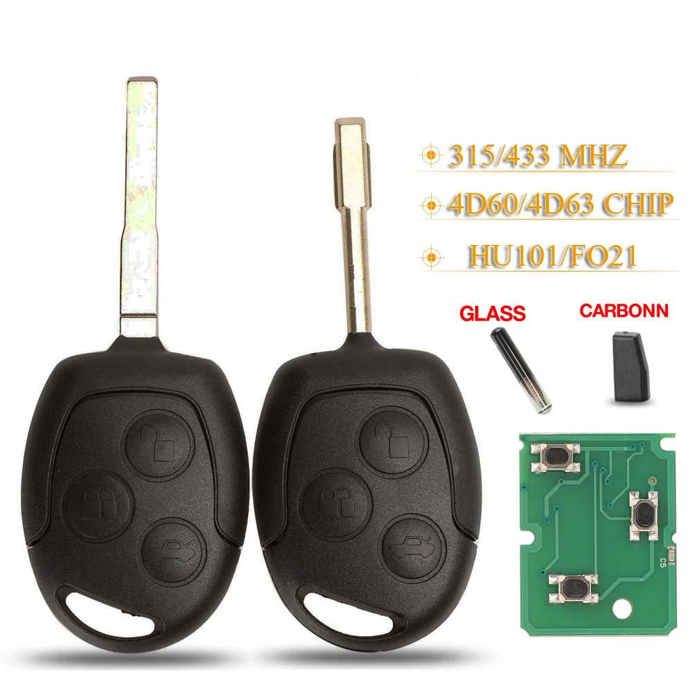 jingyuqin 3 Buttons Remote Key Fob 315/433MHz 4D60 ID63 Chip For Ford Mondeo Focus Fusion Fiesta Galaxy Transit HU101/FO21 Blade