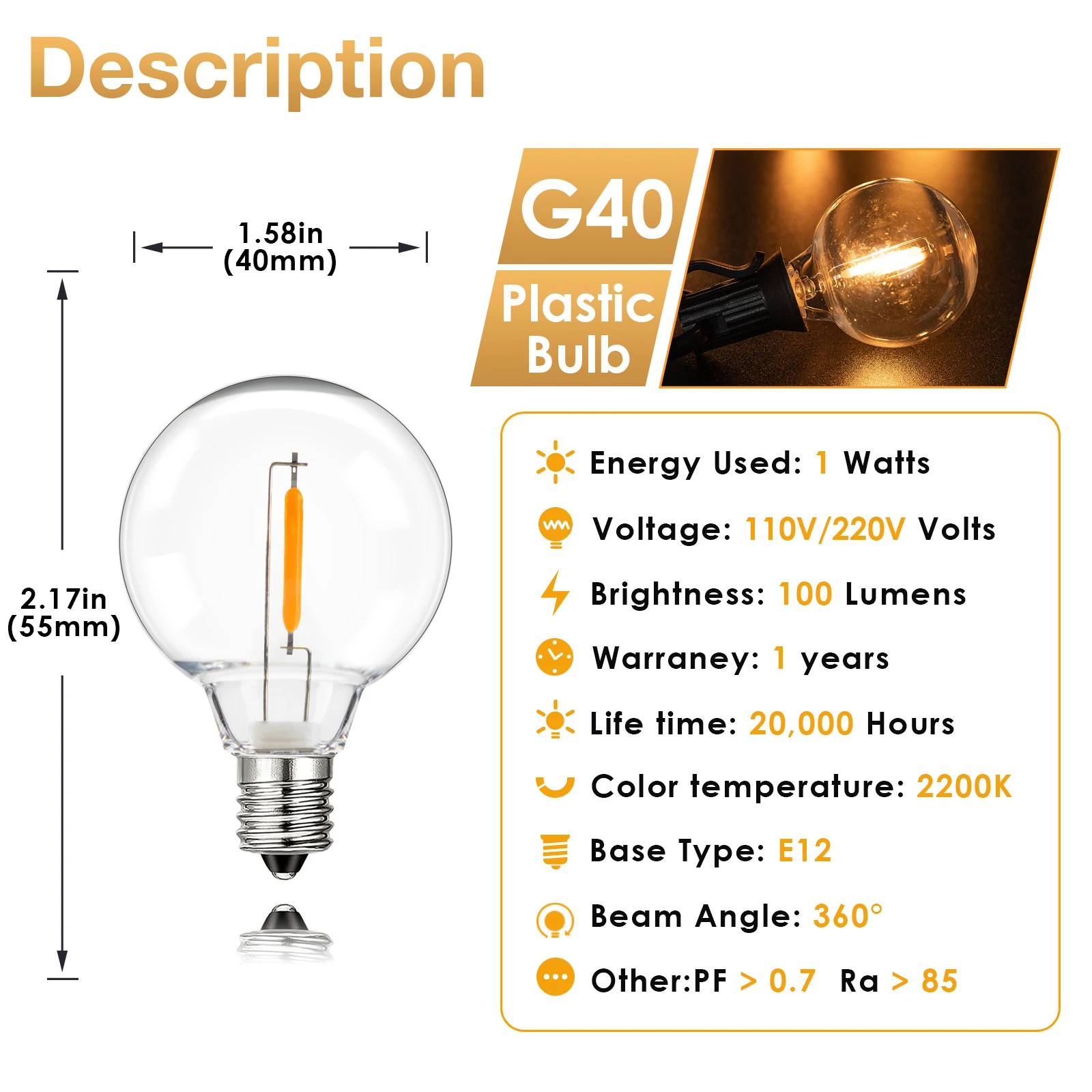 25PCS 1W Plastic Led Light Bulbs Shatterproof Waterproof G40 E12 Outdoor String Light Replacement Light Bulb For Wedding Decor