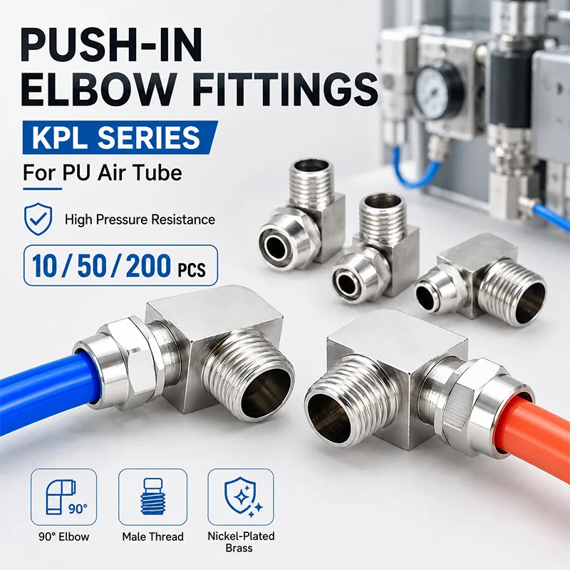 Nickel Plated Brass Pneumatic Elbow Connector KPL 4 6 8 10 12mm Tube Push In Fitting M5 1/8 1/4 3/8 Air Hose 10 50 200PCS Kit