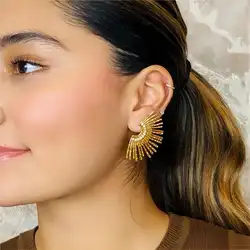 Women's Vintage Fan Leaf Shape Earrings Stud Temperament Gold Color Big Earrings Personality Simple Party Jewelry Gift
