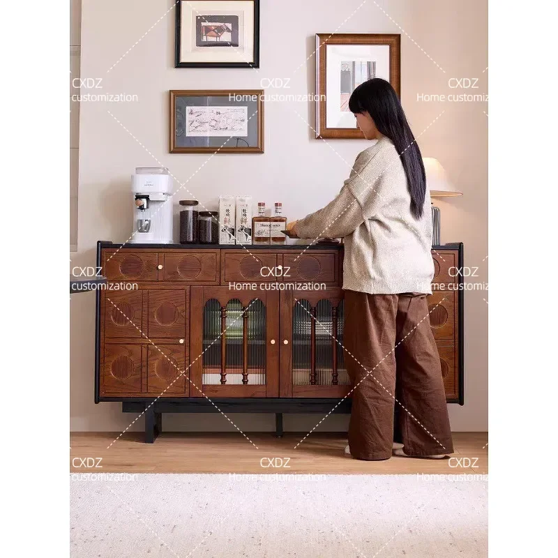 French Antique Solid Wood Dining Side Cabinet Wall Mounted Storage Cupboard for Guest Room Restaurant Tea and Dish