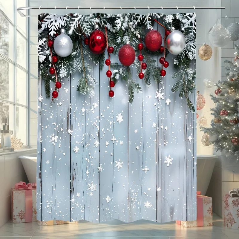 1Christmas Shower Curtain，Christmas Ball and Wood Board Home Decoration Shower Curtain，Attached12One Shower Curtain Hook，Perfect