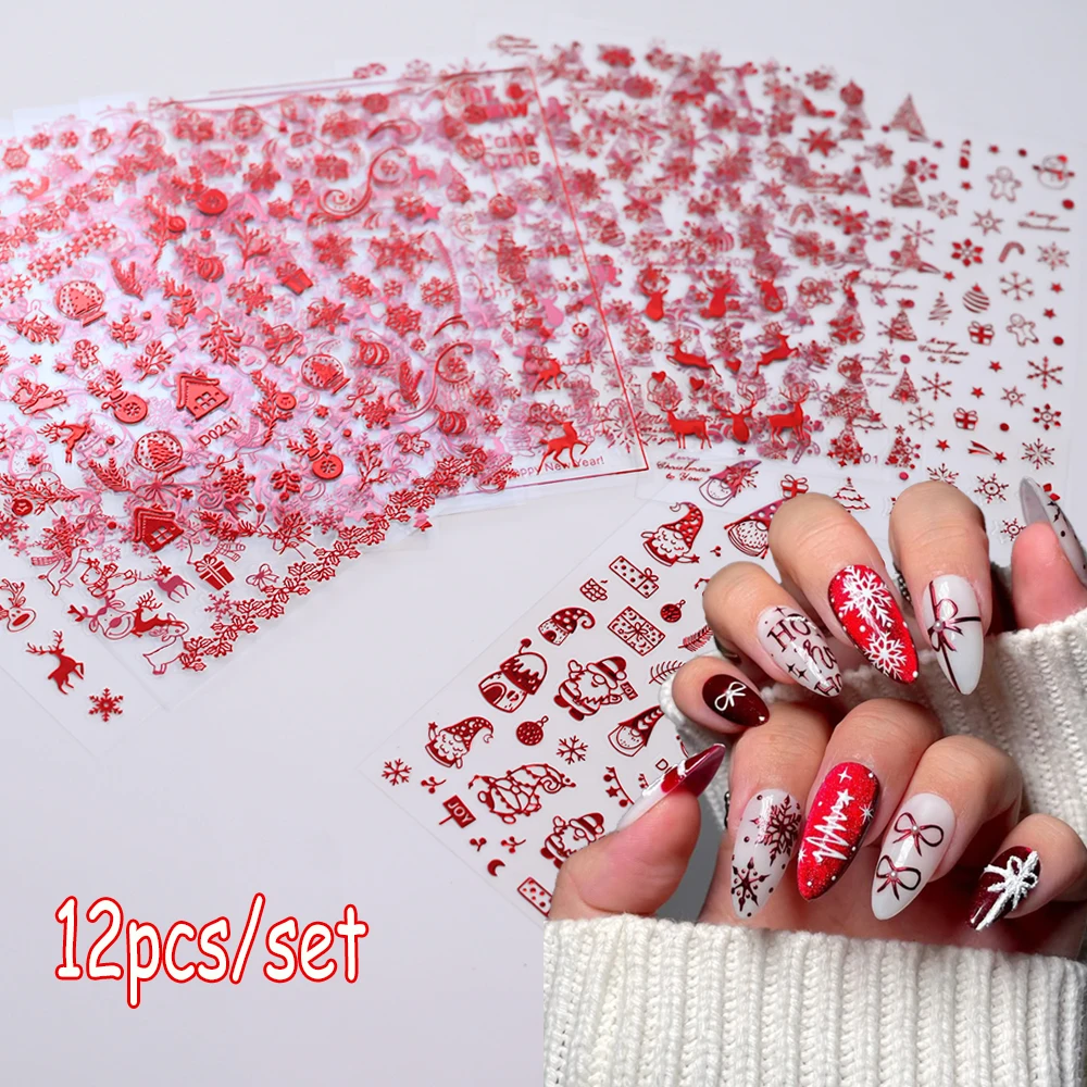 

12pcs Red Santa Claus Elk Christmas Nail Stickers Holographic Shinying Snowflake Gingerbread Man Snowman Winter Manicure Sticker