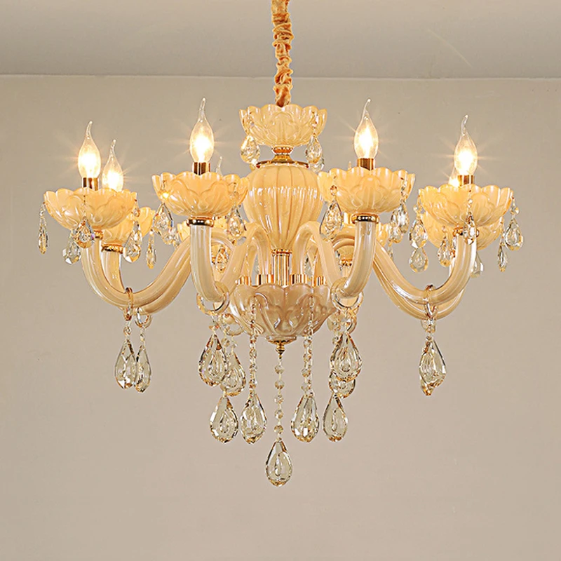 

French Atmospheric Champagne White Crystal E14 Pendent Lights European Palace Wind Lotus Shape Bedroom Hall Led Chandelier