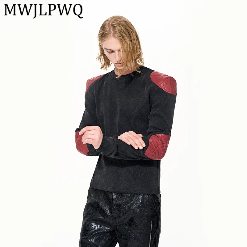 

MWJLPWQ PU Leather Patchwork Long Sleeve T-Shirt For Men Spring Winter Long Sleeve Vintage Wear Men's Base Tops Trendy 13078
