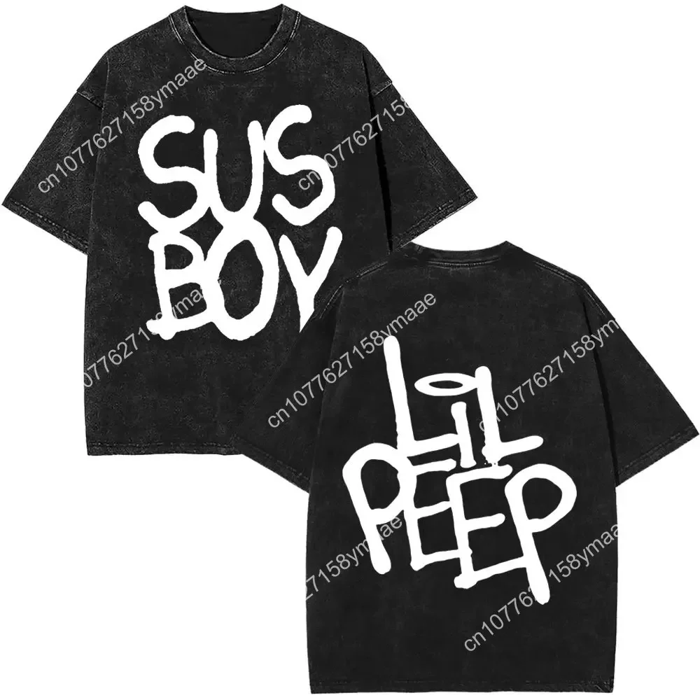 Washed Vintage Rapper Lil Peep Double Sided Print T-shirts Men Women Fashion Hip Hop Oversized Short Sleeve T Shirt Streetwear