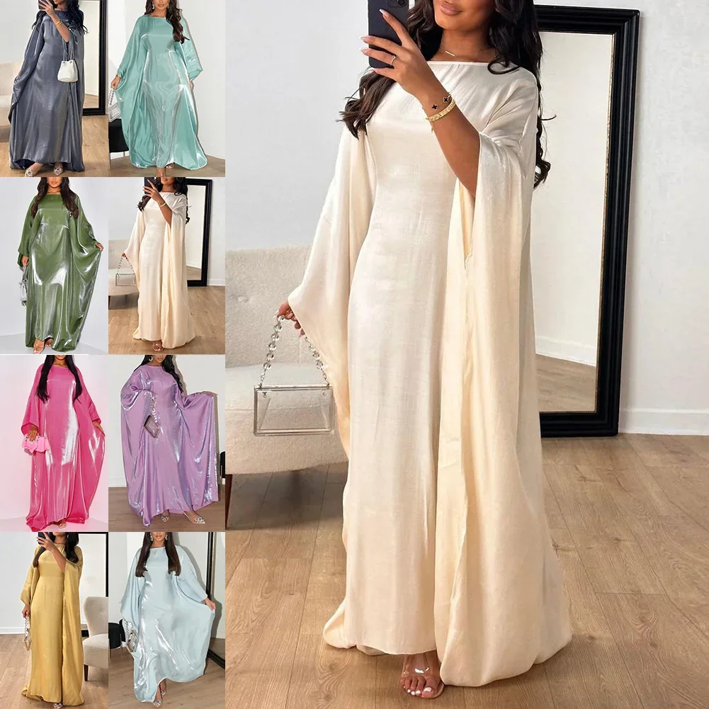 

Женские мусульманские шелковистые атласные платья с рукавами «летучая мышь» на талии, длинные халаты для вечеринок в Дубае, удобное женское повседневное платье