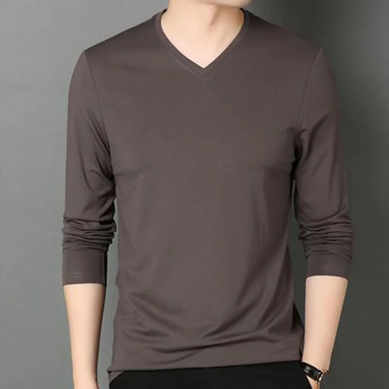 Fashion Men Solid Basic T-Shirts Spring Autumn Male Clothes V-Neck Tee Long Sleeve Bottoming Thin Slim Casual Pullover Tops 5XL