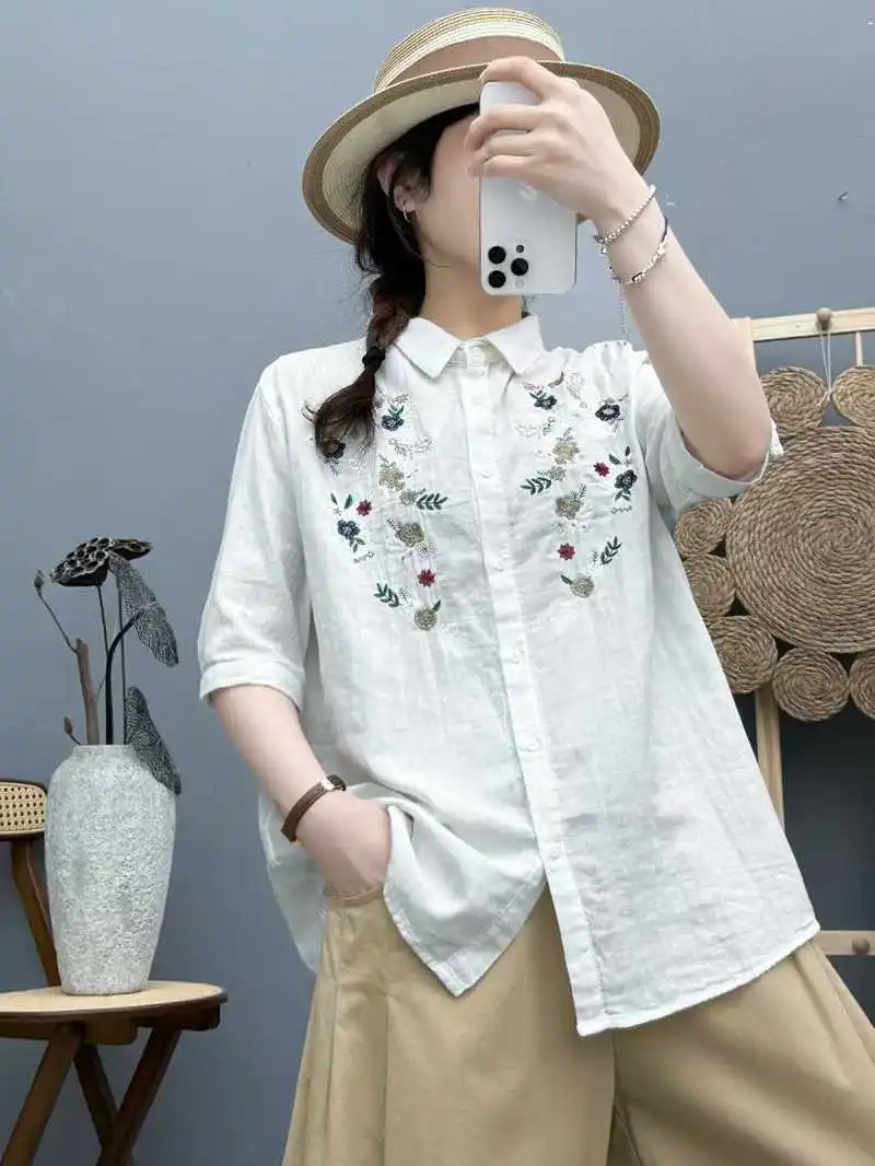 ใหม่2025ฤดูร้อนผ้าฝ้ายเส้นด้ายครึ่งแขนเสื้อผู้หญิงTurn-Downคอเย็บปักถักร้อย, MoriสาวOL Chicนุ่มหลวมเสื้อt54812CC