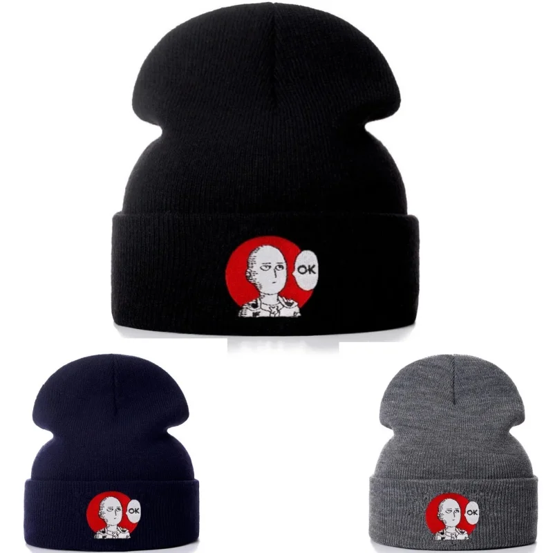 

ONE PUNCH MAN OK Unisex Cotton Cartoon Embroidered Beanies Casual Hats Knitted Winter Hat Hard Hip Hop Skull Bonnet Hat