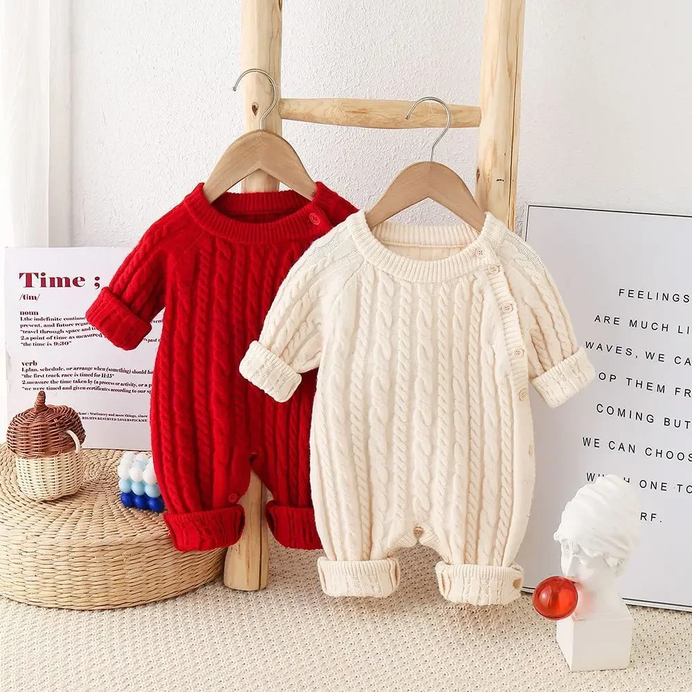 

0-24M Newborn Boys Girls Warm Knitted Onesie Toddler Baby Clothes Cable Romper Elastic Cuff Button Side Autumn Casual Jumpsuit