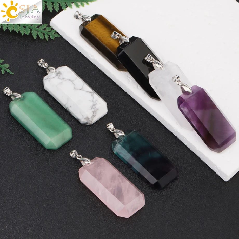CSJA Natural Stone Crystal Coffin Pendant Necklace for Man Women Trendy Stainless Steel Chain Necklaces Halloween Gift H236