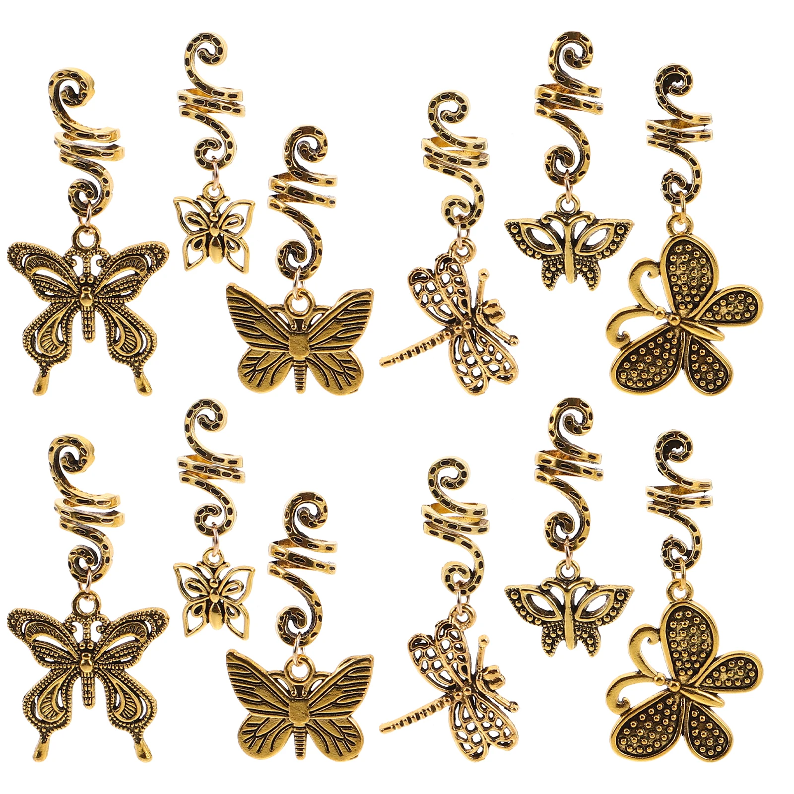 

12pcs Vintage Hair Accessories Set Golden Butterfly Dreadlock Cuffs Metal Braiding Rings For Women Men Retro Braid Clips Styling