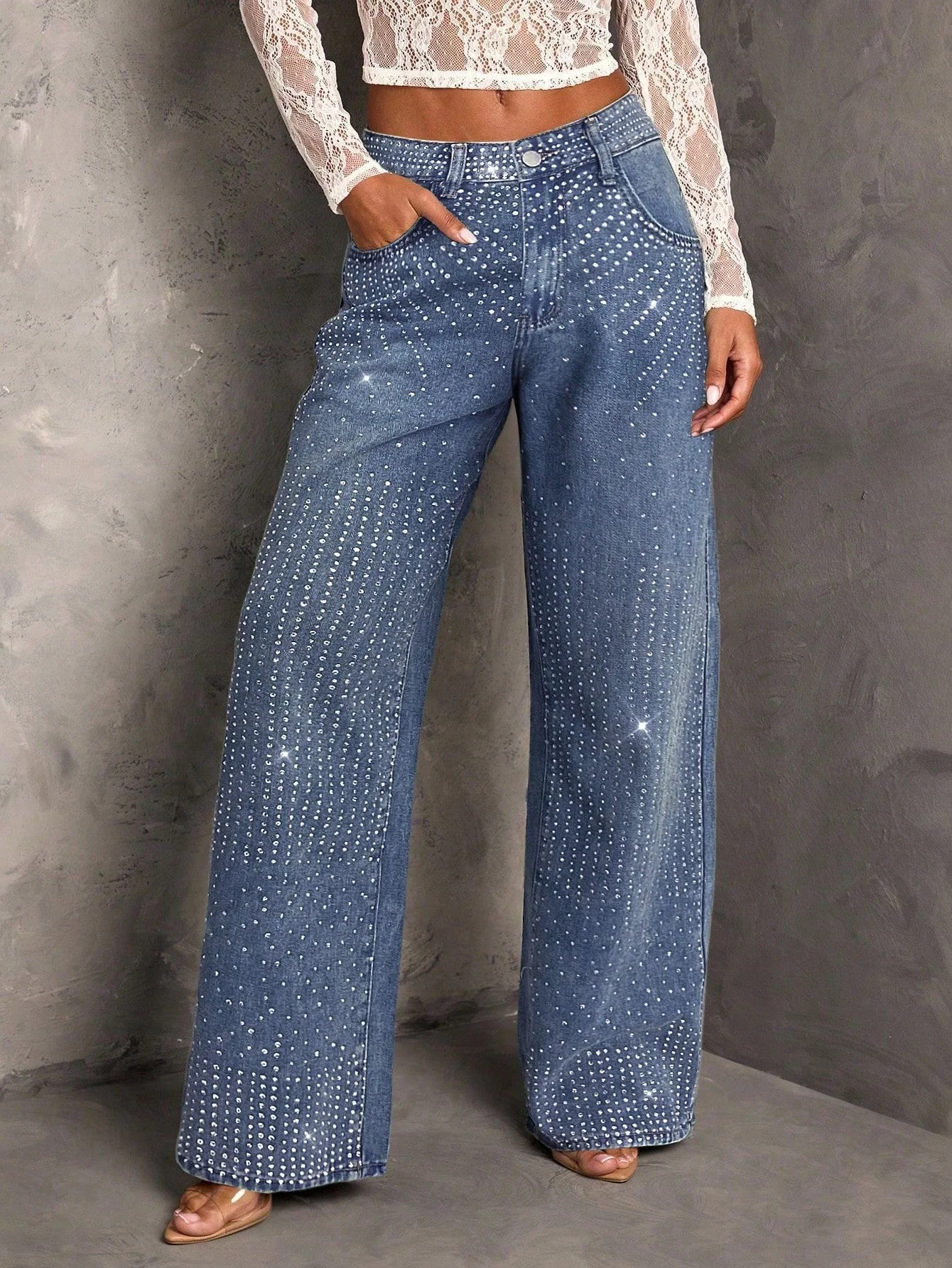 Mid Waist Stretch Jeans Irregular Hot Diamond Loose Straight Leg Jeans For Women High Street European Style Cool Girls Trousers